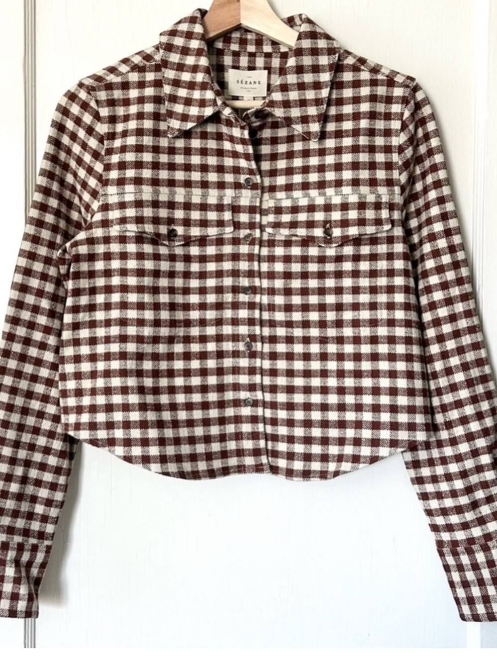 NWT Sezane Maelle Cotton Linen Shirt Jacket Brown Gingham Ecru FR 38 US 6 - Picture 5 of 10